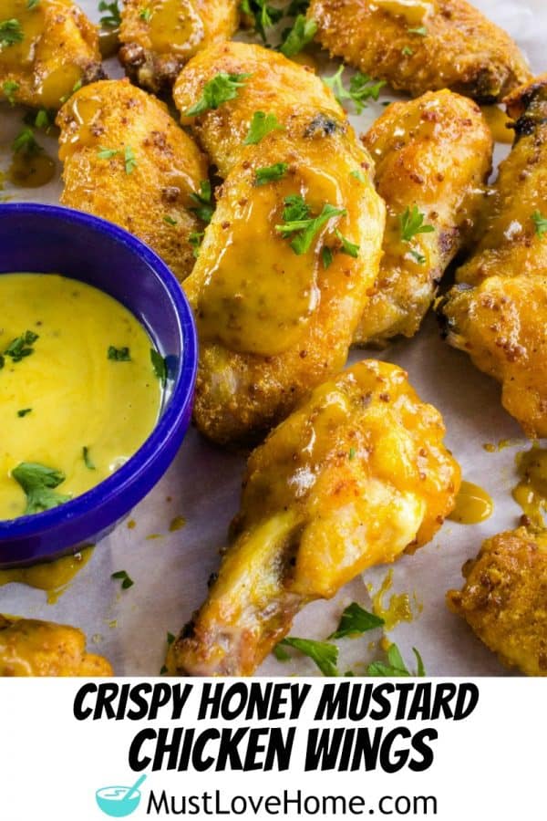 Tangy and sweet, these crispy honey mustard chicken wings coated with a zesty mustard sauce are always a hit for parties, gamedays or an easy meal! #mustlovehomecooking #chickenwingrecipes #honeymustard #gamedayrecipes #appetizers
