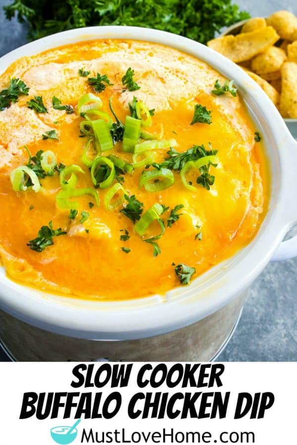 An EASY Buffalo Chicken Dip recipe that preps in minutes, then warms in the slow cooker! Great for parties or game day!