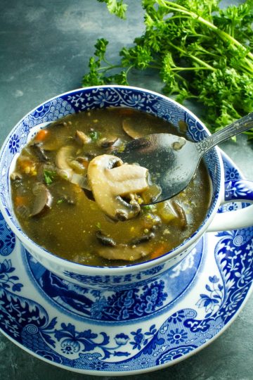 An earthy, full of flavor, healthy mushroom soup, made with mushrooms, vegetables, seasonings and broth is just right for a cozy meal.