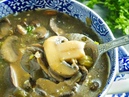An earthy, full of flavor, healthy mushroom soup, made with mushrooms, vegetables, seasonings and broth is just right for a cozy meal.