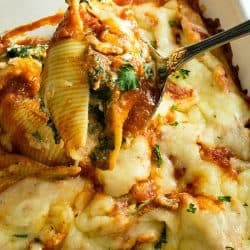 Healthy cheese and veggie stuffed shells made ahead for an easy family freezer meal.