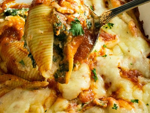 Healthy cheese and veggie stuffed shells made ahead for an easy family freezer meal.
