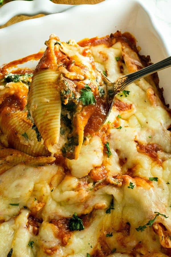 Healthy red pepper spinach stuffed shells made ahead for an easy family freezer meal.