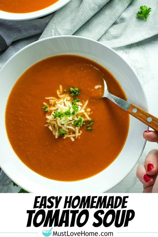 Onion, tomatoes, garlic and butter are all you need to make homemade tomato soup. It's a thick and delicious soup that comes together in under an hour.
