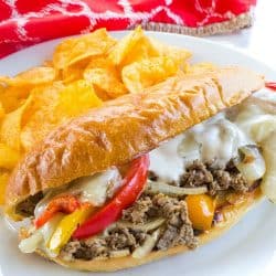 Freezer meal philly cheese steak is the BEST! With tender shaved steak, peppers, onions and spices it's everything you could want in a freezer meal.