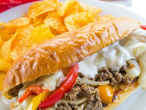Freezer meal philly cheese steak is the BEST! With tender shaved steak, peppers, onions and spices it's everything you could want in a freezer meal.