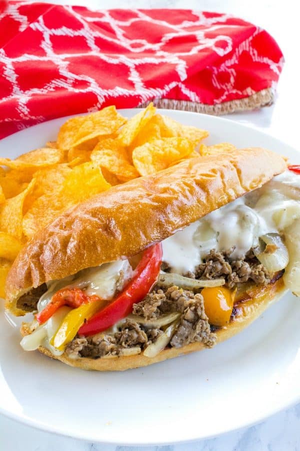 Freezer meal philly cheese steak is the BEST! With tender shaved steak, peppers, onions and spices it's everything you could want in a freezer meal.