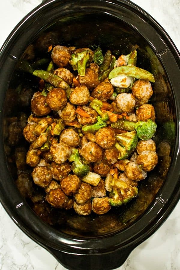 frozen meatballs and veggies ready to be cooked