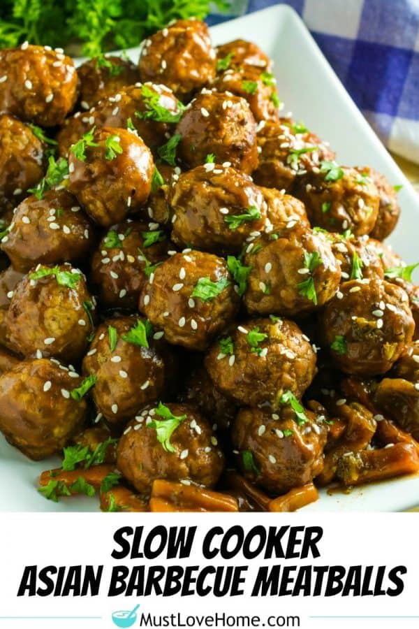 Slow Cooker Asian Barbecue Meatballs with frozen meatballs, vegetables, teriyaki sauce, barbecue sauce and srirachi are just what you need to make these sweet and spicy meatballs.