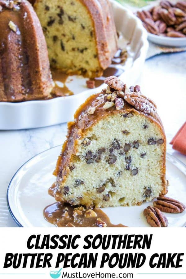 Oh so delicious Classic Southern Pecan Pound Cake is a moist and tender pound cake recipe with all the butter flavor of the classic cake and a nutty crunch from buttered pecans.