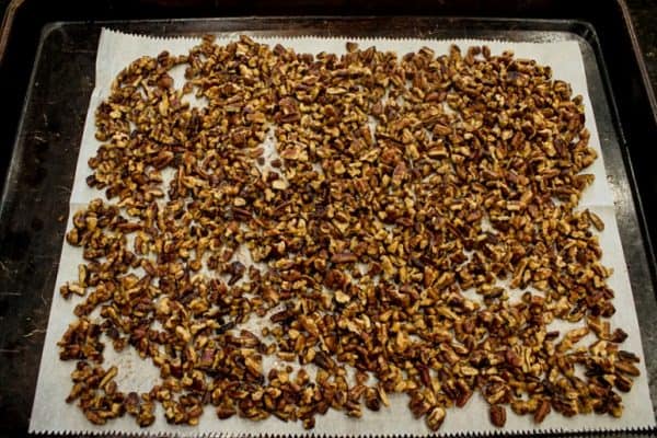 Hot toasted pecans spread out to cool.