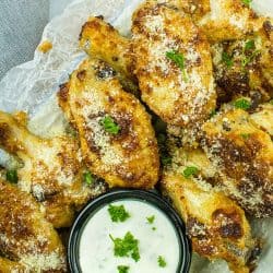 amazing low carb and keto EASY Parmesan Ranch Chicken Wings with only 4 easy ingredients! Less than 2 grams net carbs per serving!