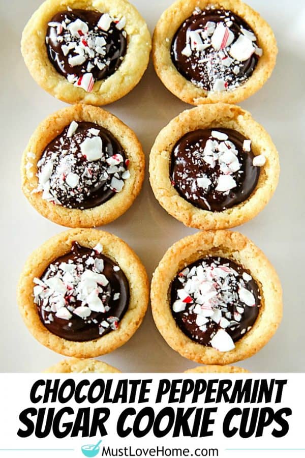 Chocolate Peppermint Sugar Cookie Cups - Tender sugar cookie cups brimming with chocolate ganache filling and crushed peppermint sprinkles! Three holiday favorites in one delicious treat!