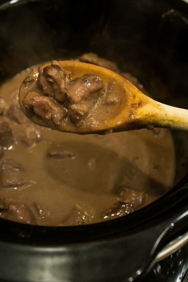 Freezer Meal Beef and Gravy - economical cubed chuck roast made with tasty onion and mushroom gravy. It's a perfect no-fuss meal. 