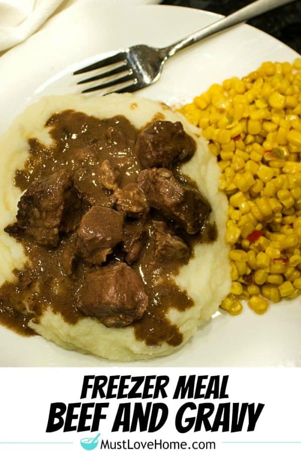 Freezer Meal Beef and Gravy - economical cubed chuck roast made with tasty onion and mushroom gravy. It's a perfect no-fuss meal. 