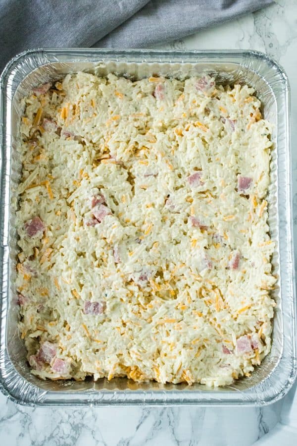 Freezer meal Ranch Ham Hash Brown Bake prepped and ready for the freezer