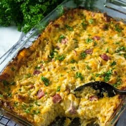 Freezer Meal Ranch Ham Hash Brown Bake -filled with ham, cheddar cheese, ranch dressing spices and hash brown potatoes, this is an easy to make family freezer dinner with only a few minutes of prep.