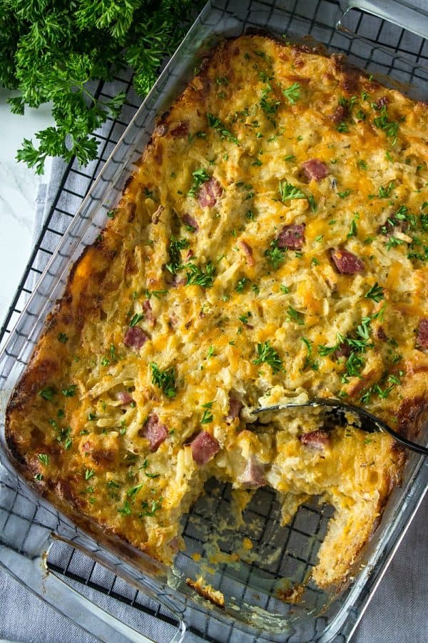 Freezer Meal Ranch Ham Hash Brown Bake -filled with ham, cheddar cheese, ranch dressing spices and hash brown potatoes, this is an easy to make family freezer dinner with only a few minutes of prep.