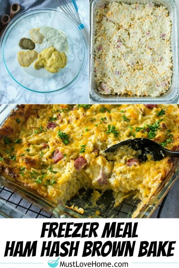 Freezer Meal Ranch Ham Hash Brown Bake -filled with ham, cheddar cheese, ranch dressing spices and hash brown potatoes, this is an easy to make family freezer dinner with only a few minutes of prep.