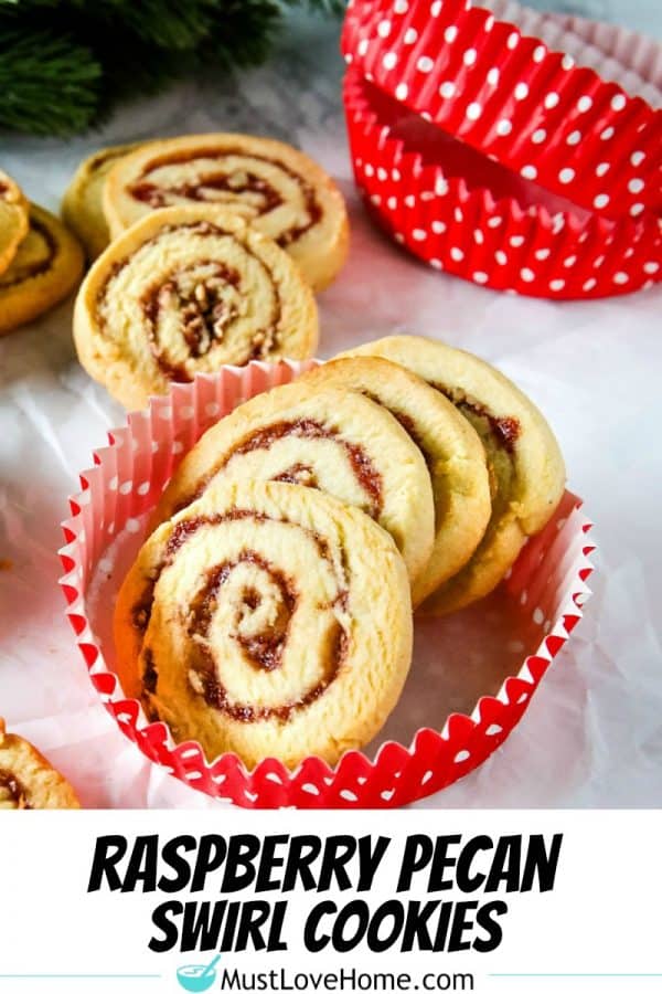 Raspberry Pecan Swirl Cookies are easy recipe sugar cookies swirled with raspberry jam and pecans. Perfect for holidays and  gift giving! #mustlovehomecooking