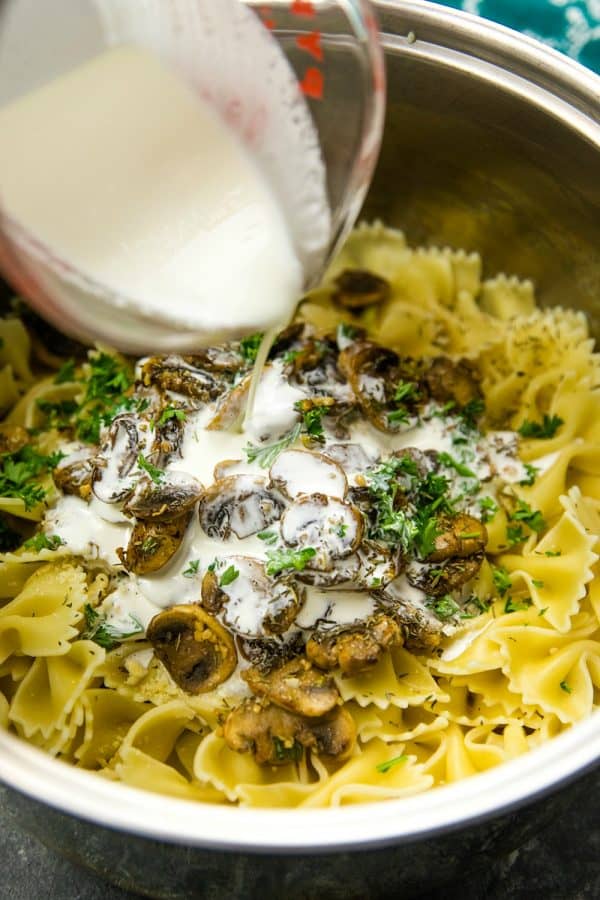 Bowtie pasta tossed with cream, garlic, parmesan and mushrooms