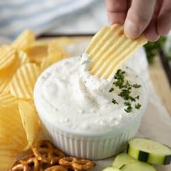 Seriously Good Sour Cream Chip Dip - simple and tasty, it's prepped in only minutes. #mustlovehomecooking #diprecipes #partyrecipes