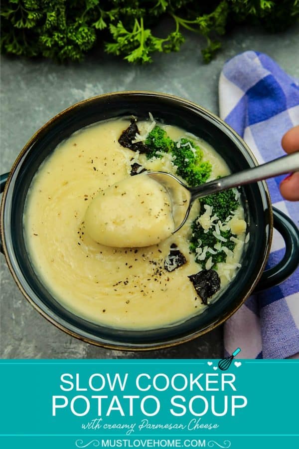 This Slow Cooker Potato Soup with parmesan cheese, hearty potatoes, and a hint of garlic is easy comfort food to warm you on a cold night.