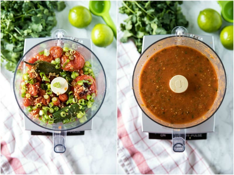 Blackened tomatoes, jalapenos, green onions and olive oil seasoned with lime and honey. It's homemade tomato salsa that's fresh and full of flavor to dip your favorite tortilla chips into. #mustlovehomecooking #salsarecipe