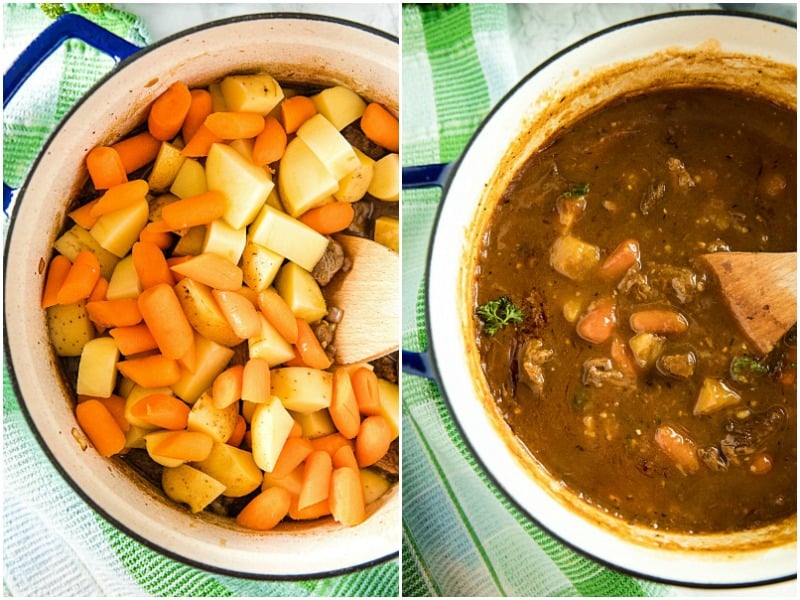 Easy Guinness Beef Stew is a hearty meal, with chunks of beef, potatoes and carrots that are slow simmered in a bottle of Guinness Stout. This makes a rich and cozy stew with a gravy that's irresistibly tasty. #mustlovehomecooking #guinnessbeefstew #stpatricksdayrecipes