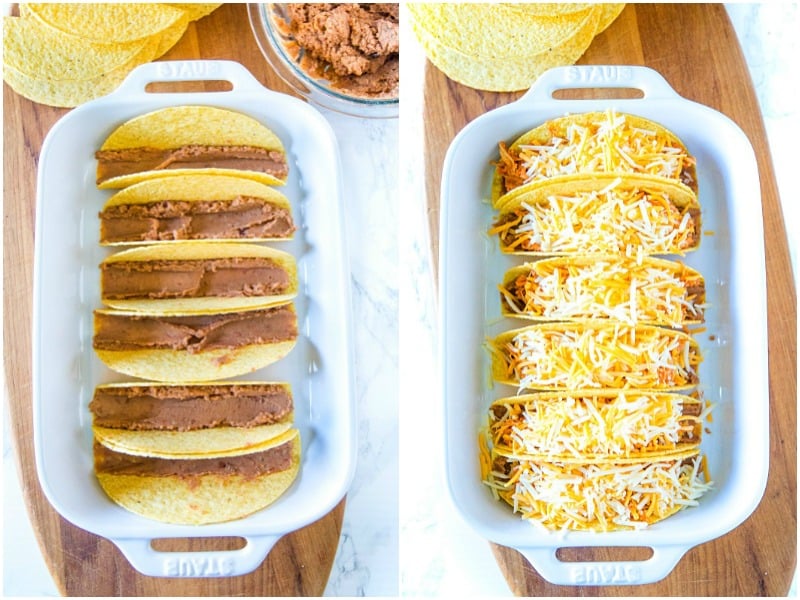 Easy Oven Chicken Tacos are seasoned shredded chicken stuffed into refried bean smeared crunchy shells and topped with cheese. Baked easy in the oven then loaded with spoonfuls of fresh pineapple salsa. #mustlovehomecooing #chickentacos #mexicanfood