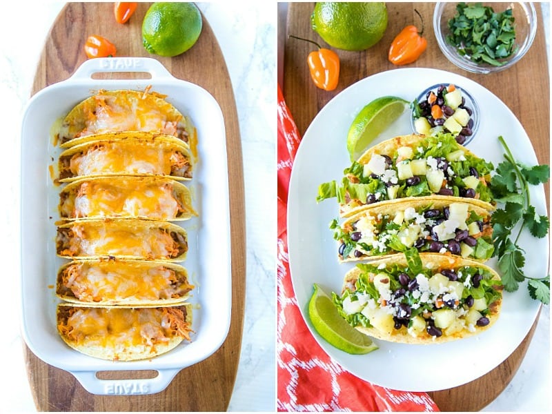 Easy Oven Chicken Tacos are seasoned shredded chicken stuffed into refried bean smeared crunchy shells and topped with cheese. Baked easy in the oven then loaded with spoonfuls of fresh pineapple salsa. #mustlovehomecooing #chickentacos #mexicanfood