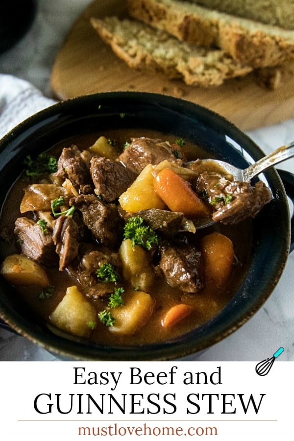 Easy Guinness Beef Stew is a hearty meal, with chunks of beef, potatoes and carrots that are slow simmered in a bottle of Guinness Stout. This makes a rich and cozy stew with a gravy that's irresistibly tasty. #mustlovehomecooking #guinnessbeefstew #stpatricksdayrecipes