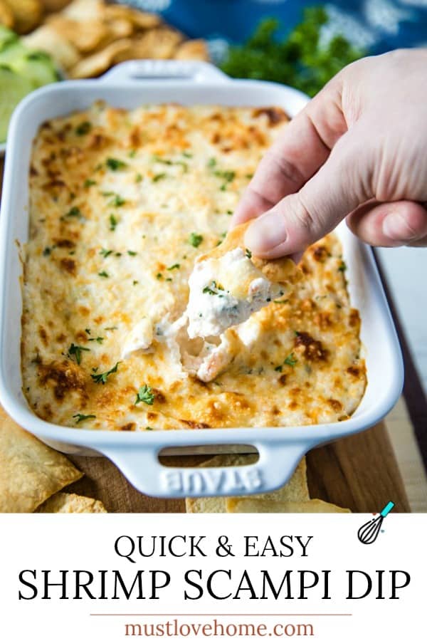 Easy Shrimp Scampi Dip is full of flavor and baked to creamy perfection. This crowd winner is simple to make with cooked shrimp in only 30 minutes. #mustlovehomecooking #shrimpdip #partyfood