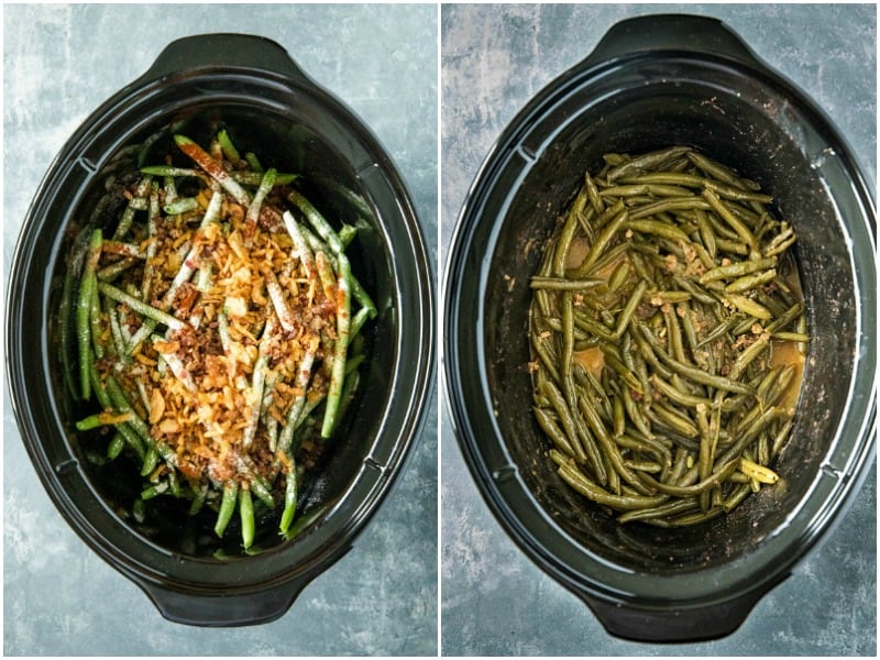 Super tender, loaded with flavor Southern-style green bean recipe with bacon, crispy onions and lots of seasonings. #mustlovehomecooking #slowcookerrecipes #greenbeanrecipe