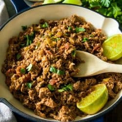 Easy Mexican Beef - tender shaved steak with diced tomatoes and green chilies, seasoned with taco seasoning. Ready to serve in 15 minutes and all in one pan! #mustlovehomecooking #mexicanbeef