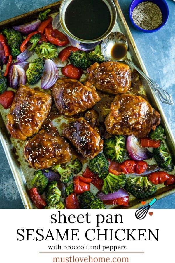 Sheet Pan Sesame Chicken with broccoli, peppers and an addictive tangy sauce.  A crave worthy alternative to take-out!#mustlovehome