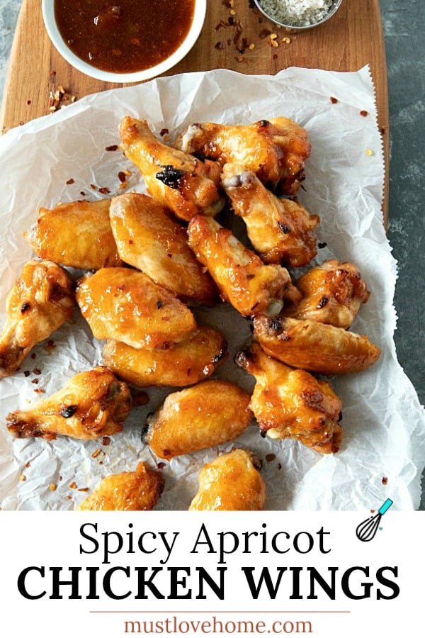 Baked spicy apricot chicken wings brushed with a spicy glaze of apricot preserves, brown sugar and zesty seasonings. #mustlovehomecooking #chickenwingrecipes