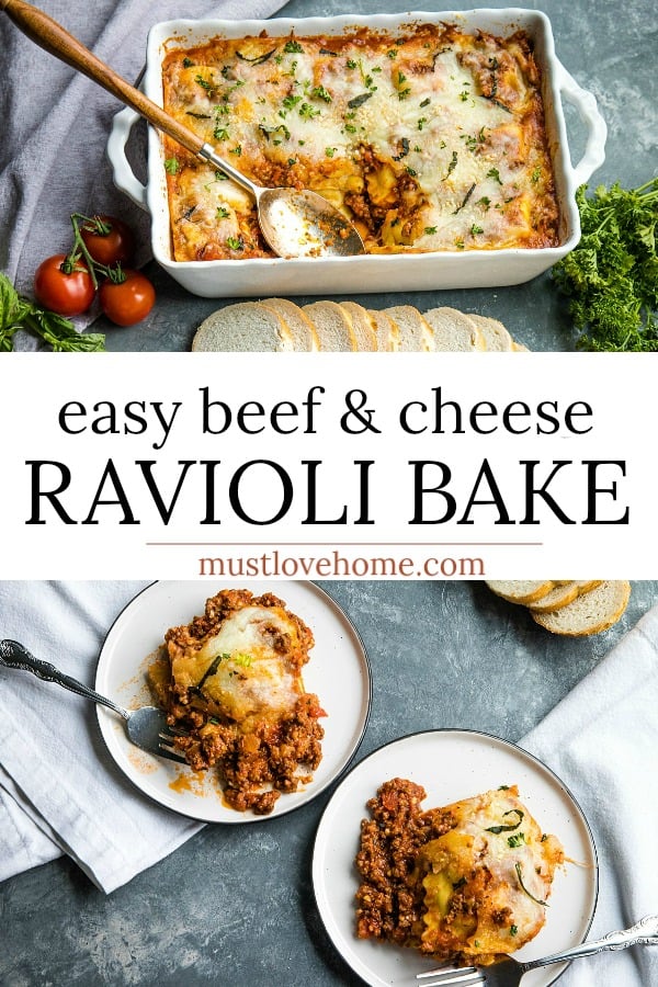 Easy Beef and Cheese Ravioli Bake is dinner made easy. It's a beefy, cheesy casserole made with 5 simple ingredients and a dash of spices. Hot from the oven in under an hour! #mustlovehomecooking