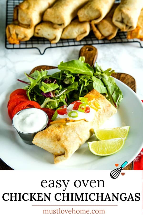 Easy Oven Chicken Chimichangas with seasoned rice, salsa and cheese are a healthy, lighter twist on the Mexican classic. #mustlovehomecooking