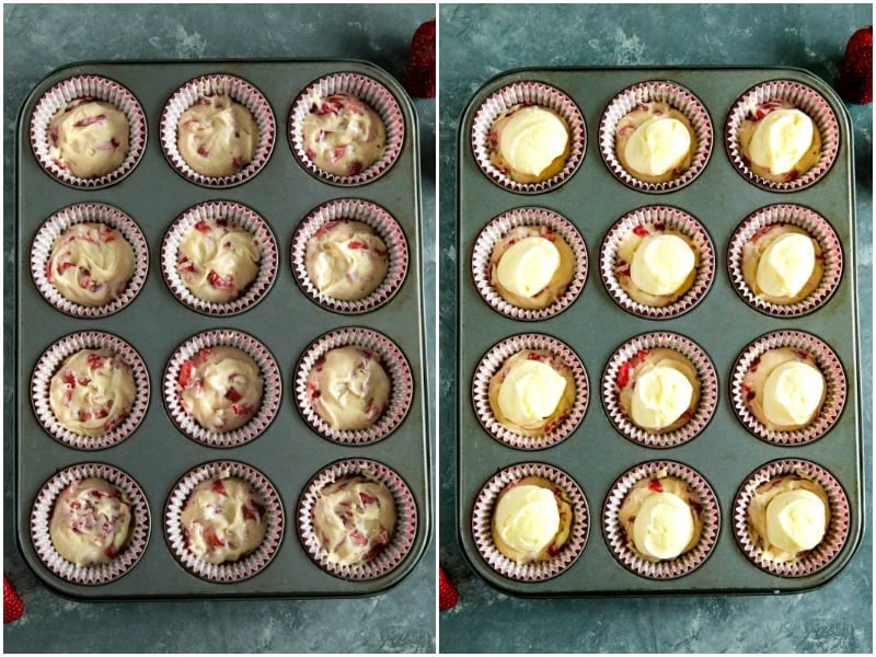 Batter and cheesecake layer in metal muffin pan