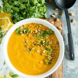 Silky smooth Instant Pot Thai Carrot Soup, with peanut butter, coconut milk and vegetable stock is light, spicy and naturally a little bit sweet.