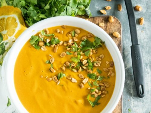 Silky smooth Instant Pot Thai Carrot Soup, with peanut butter, coconut milk and vegetable stock is light, spicy and naturally a little bit sweet.