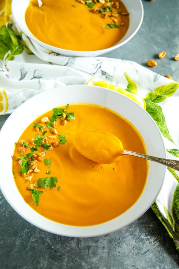 Silky smooth Instant Pot Thai Carrot Soup, with peanut butter, coconut milk and vegetable stock is light, spicy and naturally a little bit sweet.