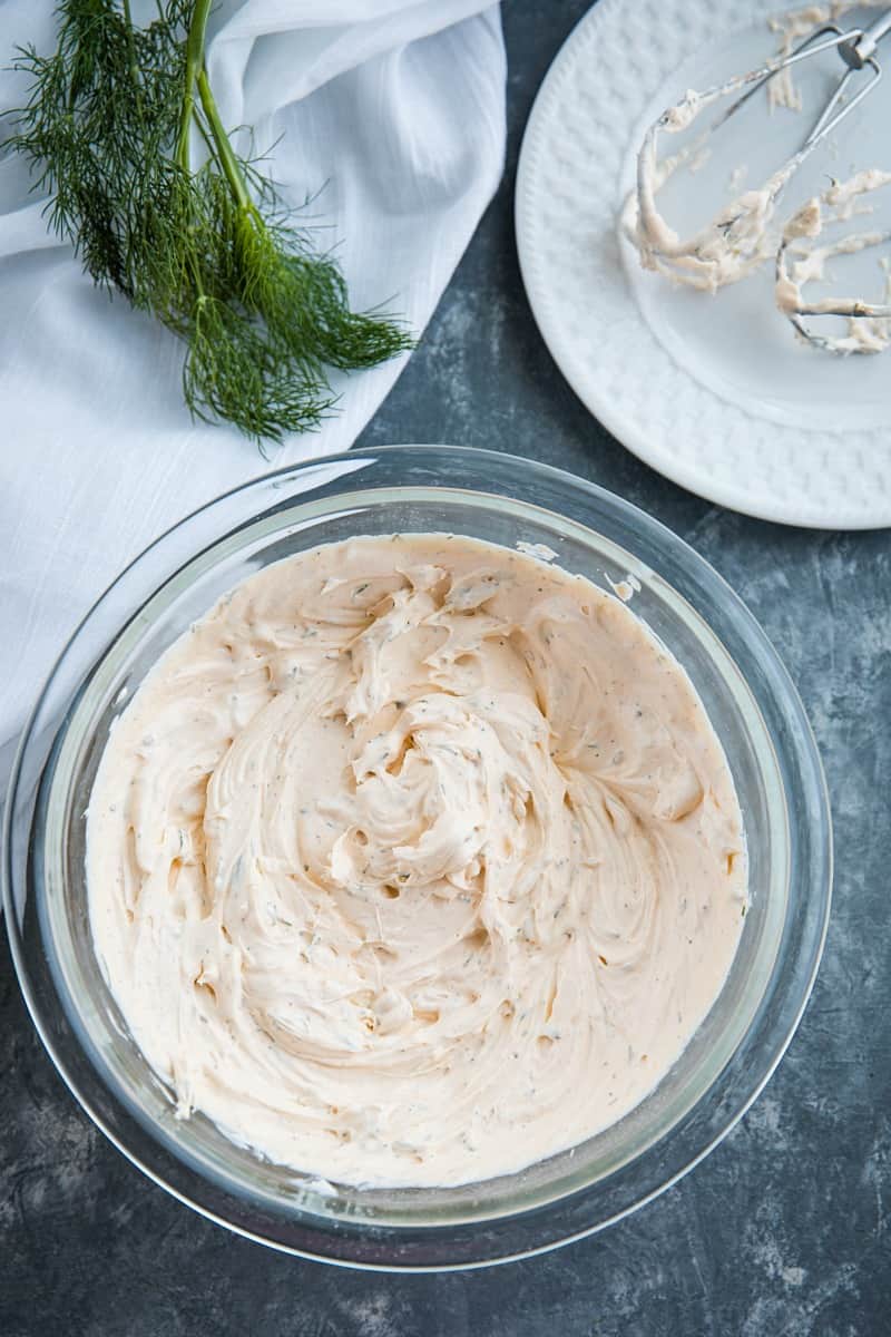Zesty Dill Ranch Dip is a savory, light dip made with cream cheese and sour cream blended with fresh herbs and ranch seasoning. #mustlovehomecooking