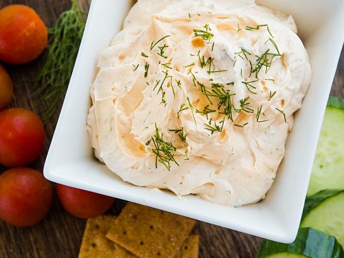Zesty Dill Ranch Dip is a savory, light dip made with cream cheese and sour cream blended with fresh herbs and ranch seasoning.