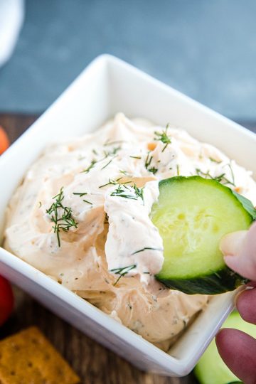 Zesty Dill Ranch Dip is a savory, whipped dip made with cream cheese and sour cream loaded with fresh herbs and ranch seasoning.#mustlovehomecooking