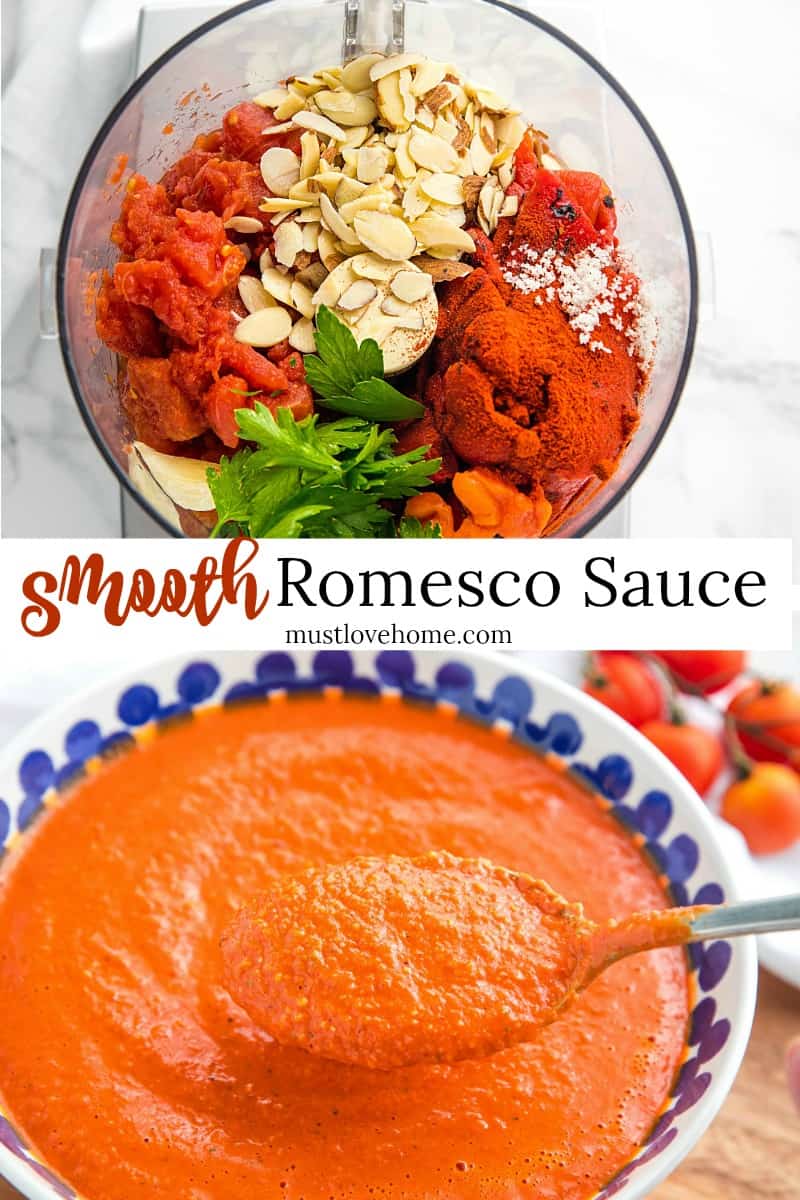 Easy Smooth Romesco Sauce with roasted red peppers. tomato, almonds and garlic. A bold snappy sauce perfect for pasta, chicken, eggs and more.