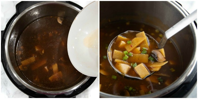 adding cornstarch slurry to instant pot and ladle of finished soup