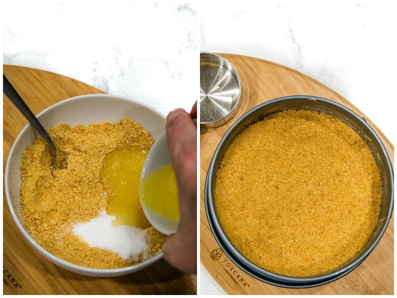 graham cracker crumbs, sugar and butter for cheesecake crust