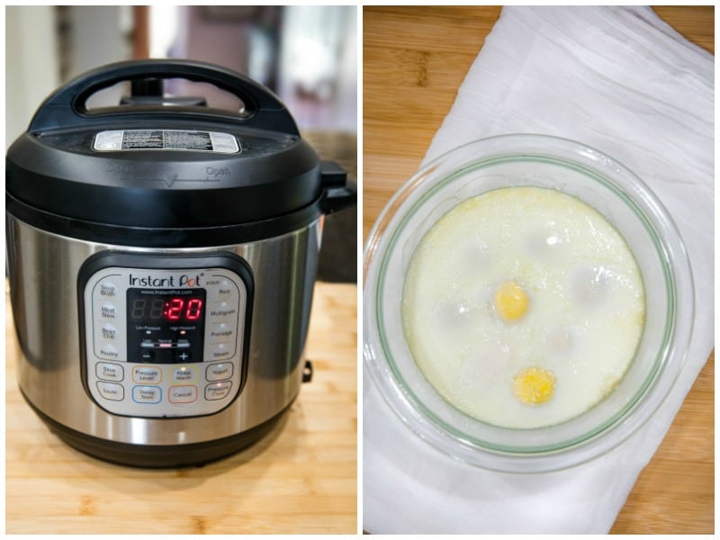 Instant Pot and cooked gard boiled eggs in a glass mixing bowl